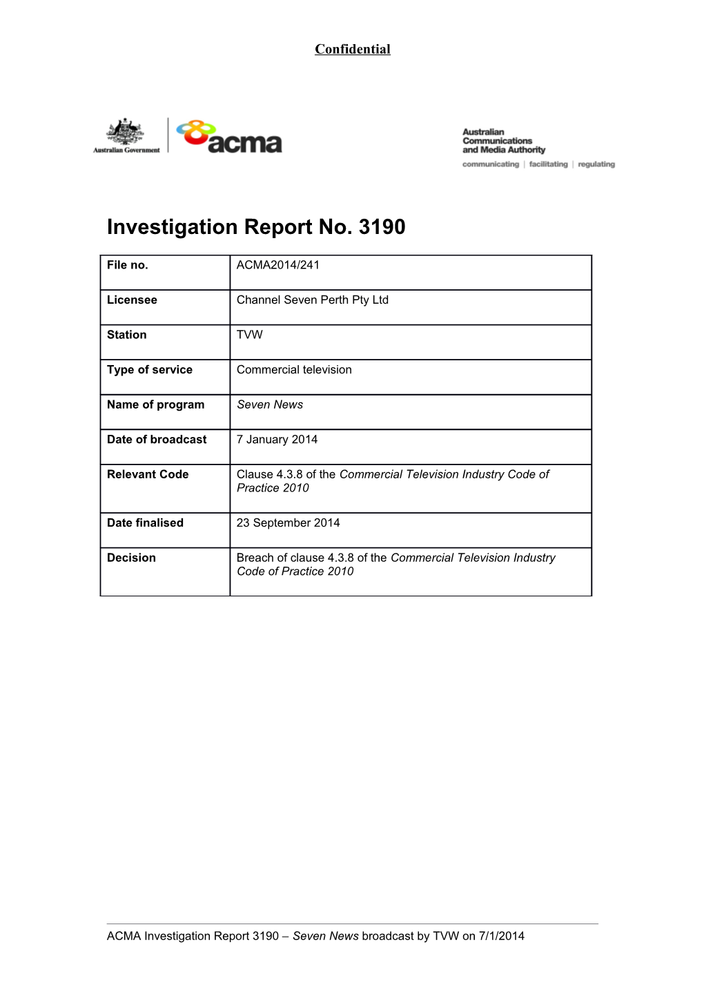 Investigation Report No. 3190