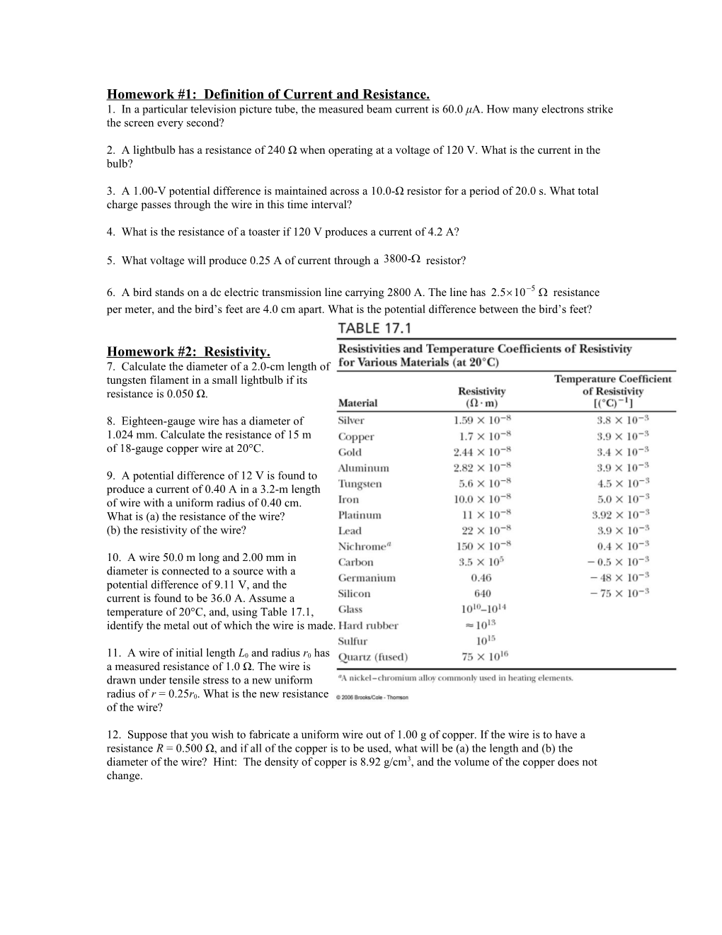 Homework #5: Definition of Current and Resistance