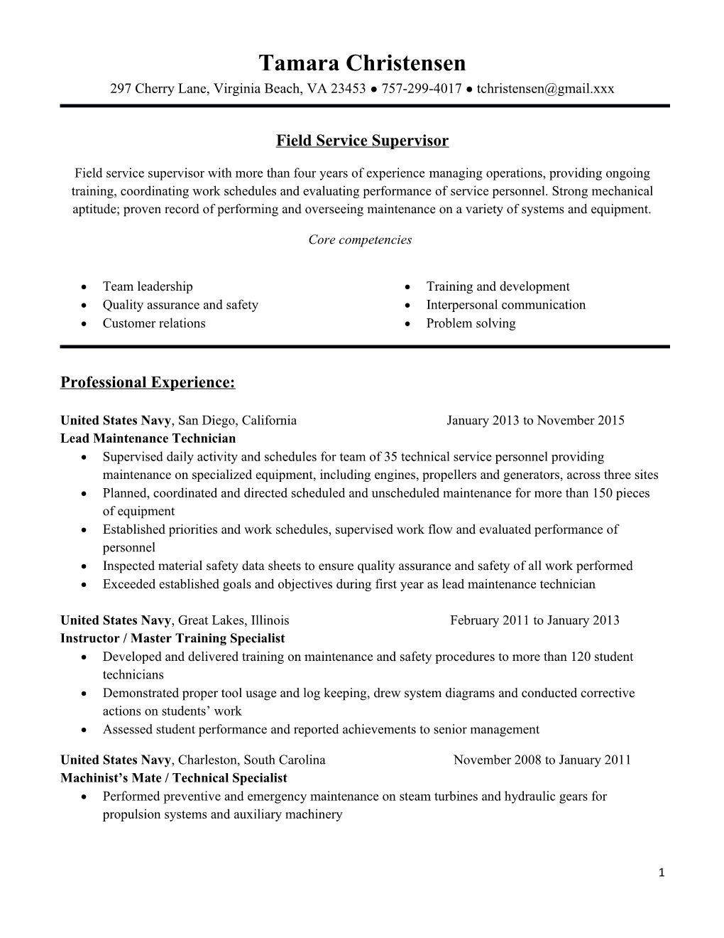 Field Service Supervisor Resume Sample
