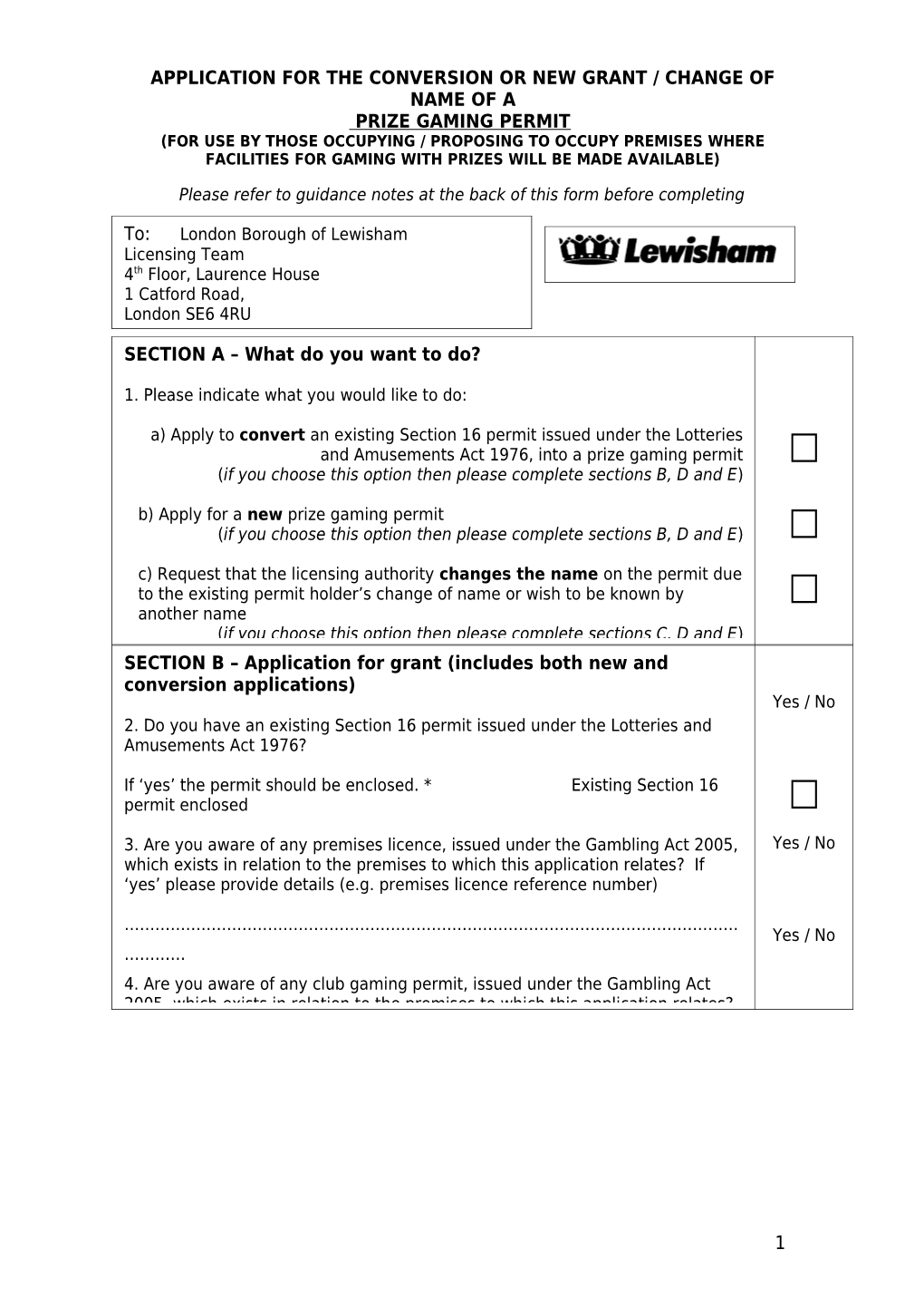 Prize Gaming Permit Application Form