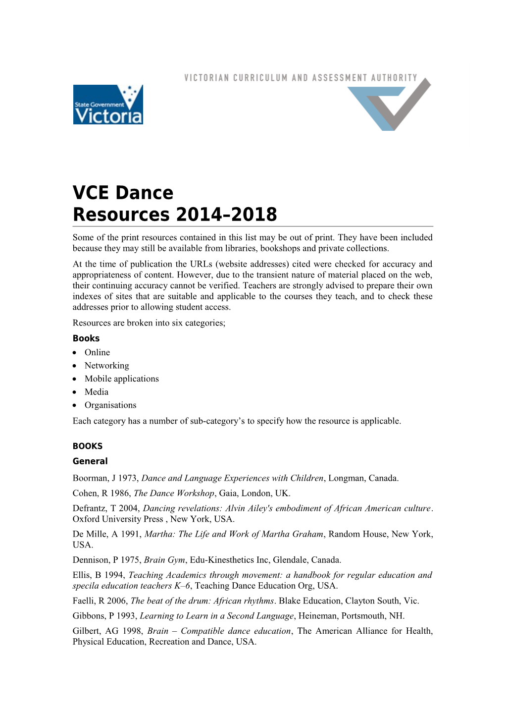 VCE Dance Resources 2014-2018