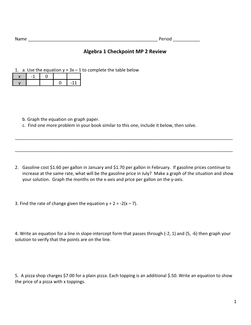 Algebra 1 Checkpoint MP 2 Review