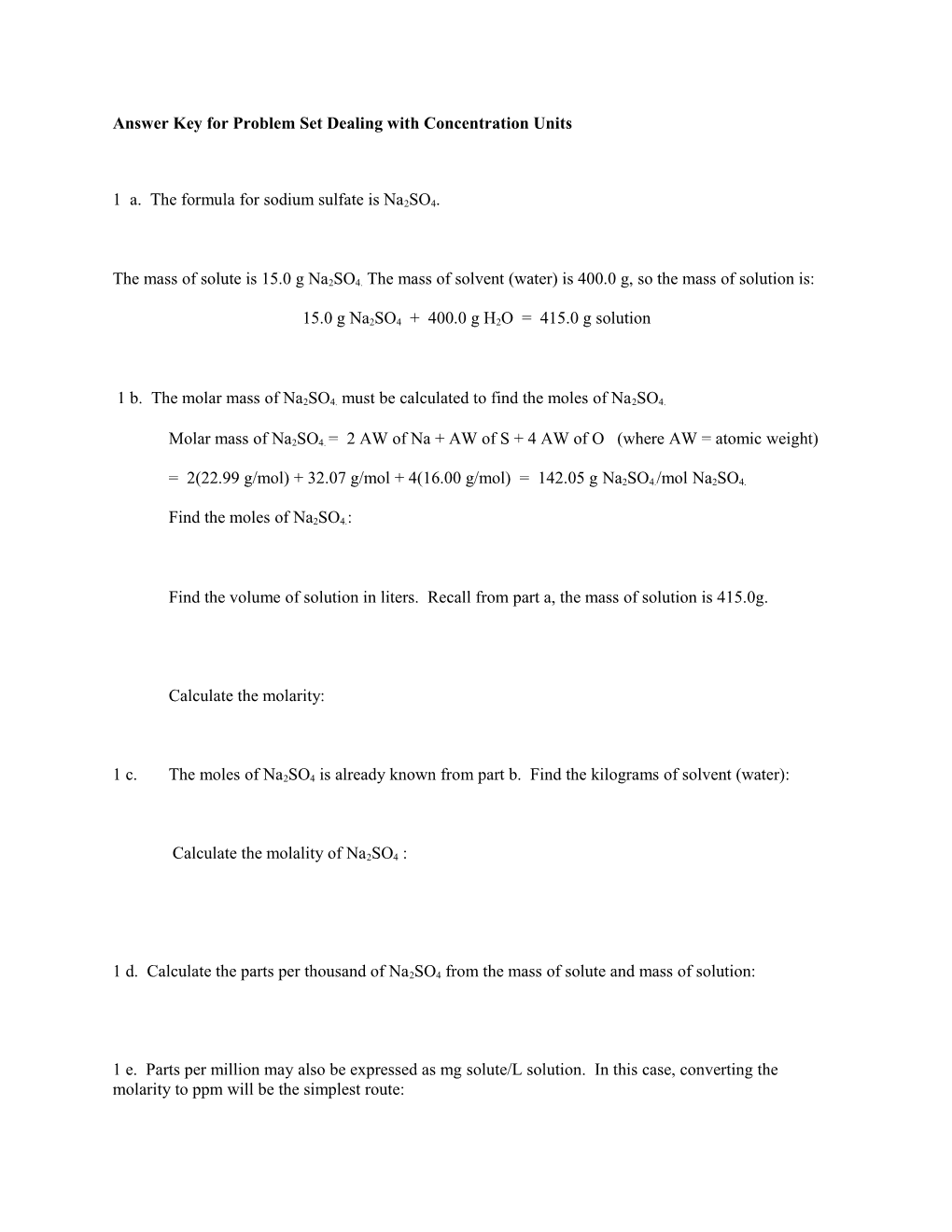 Answer Key for Problem Set Dealing with Concentration Units