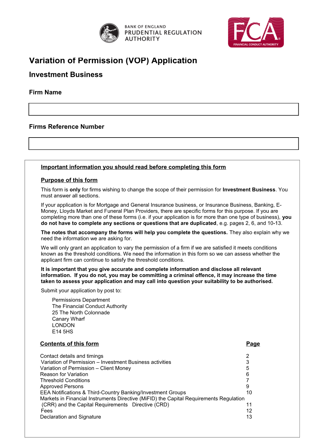 Variation of Permission (Vop) Application: Investment Business