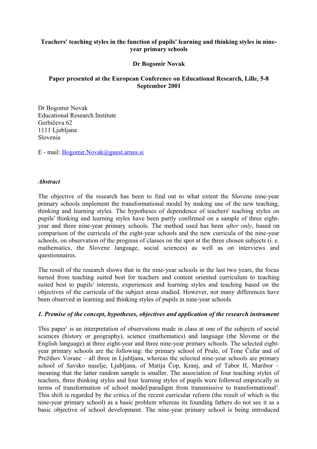 Paper Presented at the European Conference on Educational Research, Lille, 5-8 September 2001