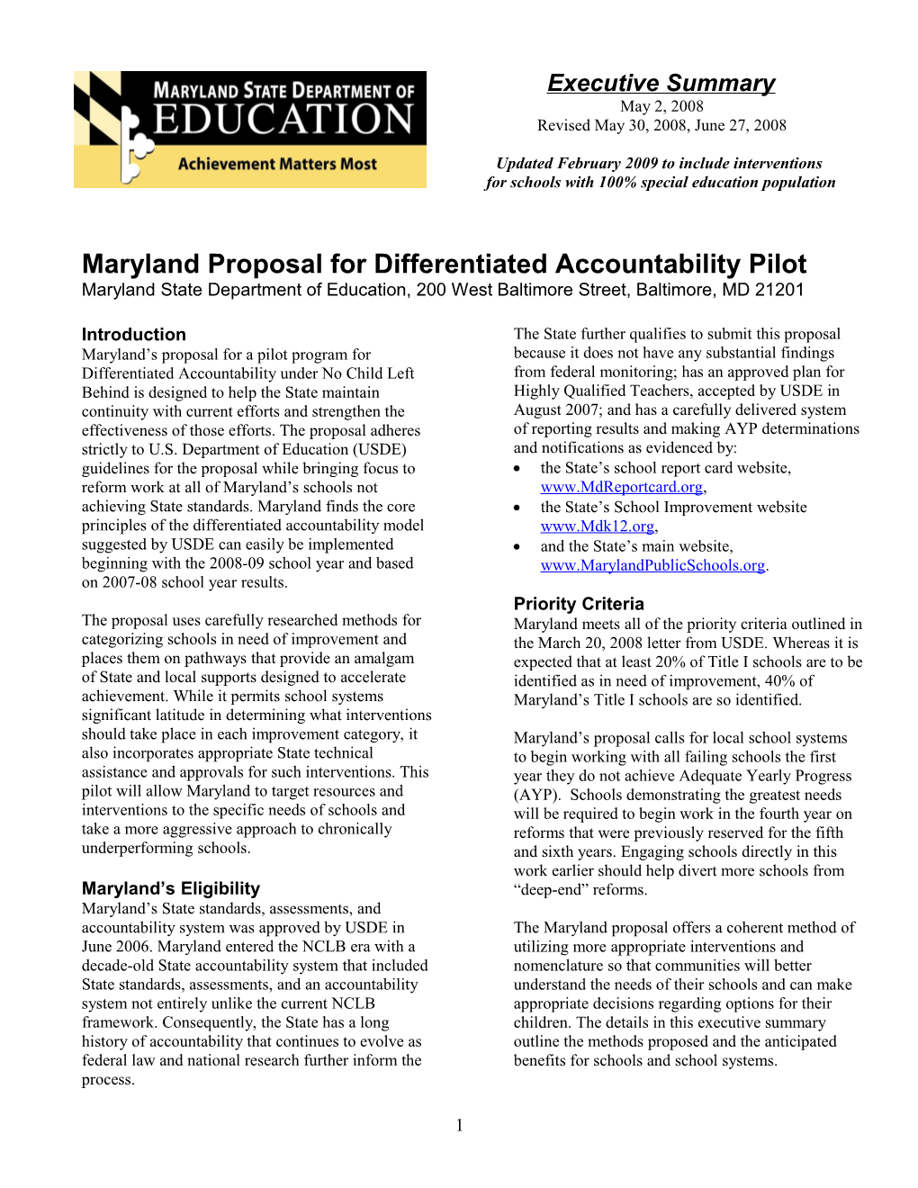 Maryland Proposal for Differentiated Accountability Pilot