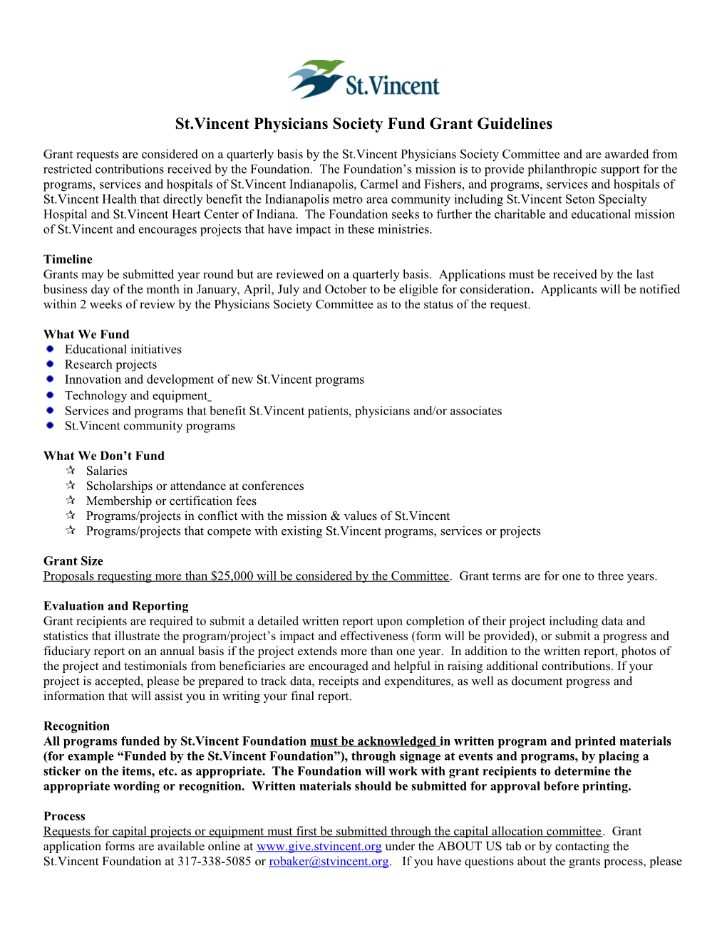 St.Vincent Physicians Society Fund Grant Guidelines