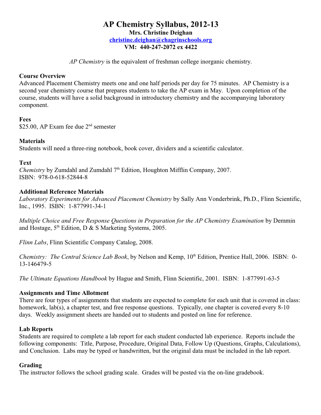 AP Chemistry Syllabus, 2012-13