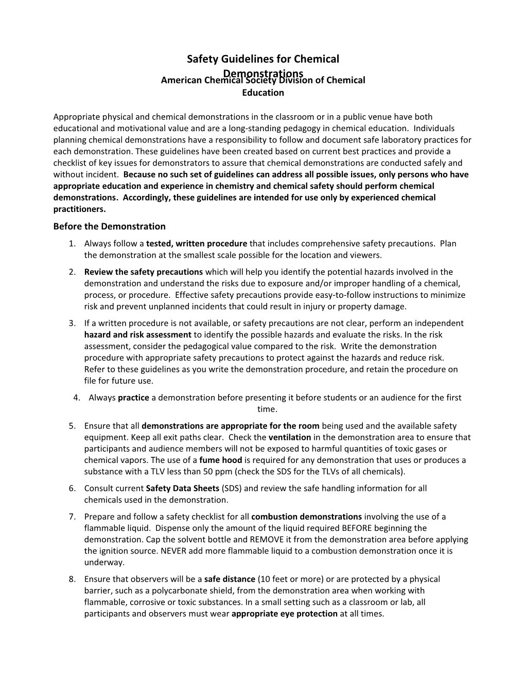 Safety Guidelines for Chemical Demonstrations