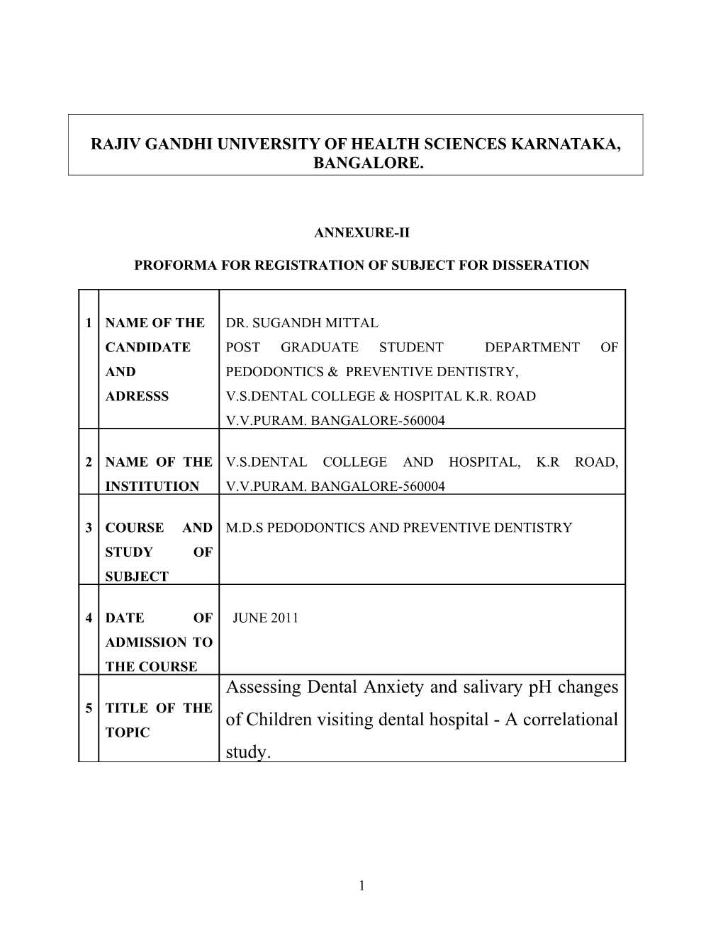 Proforma for Registration of Subject for Disseration