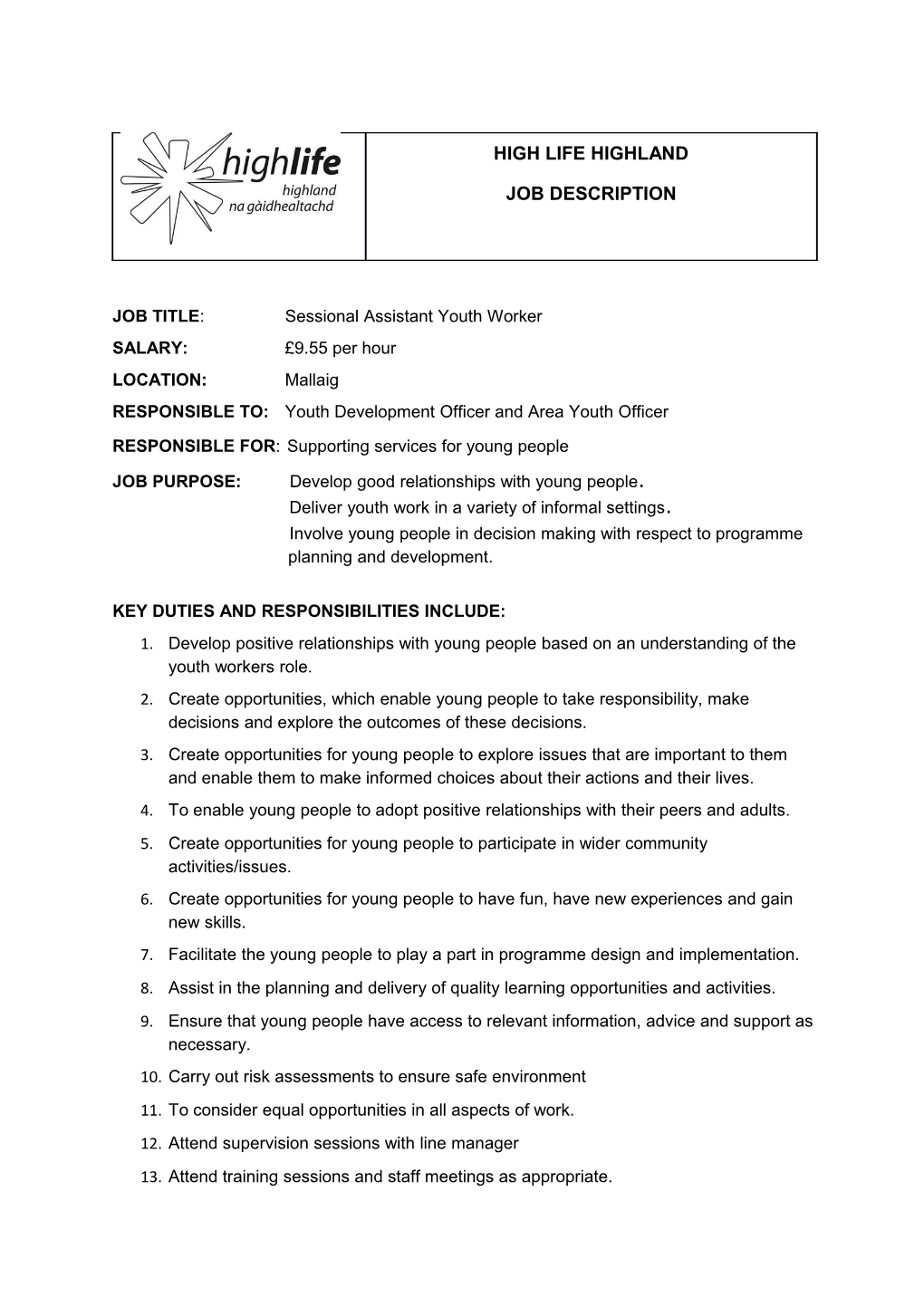 JOB TITLE:Sessional Assistant Youth Worker