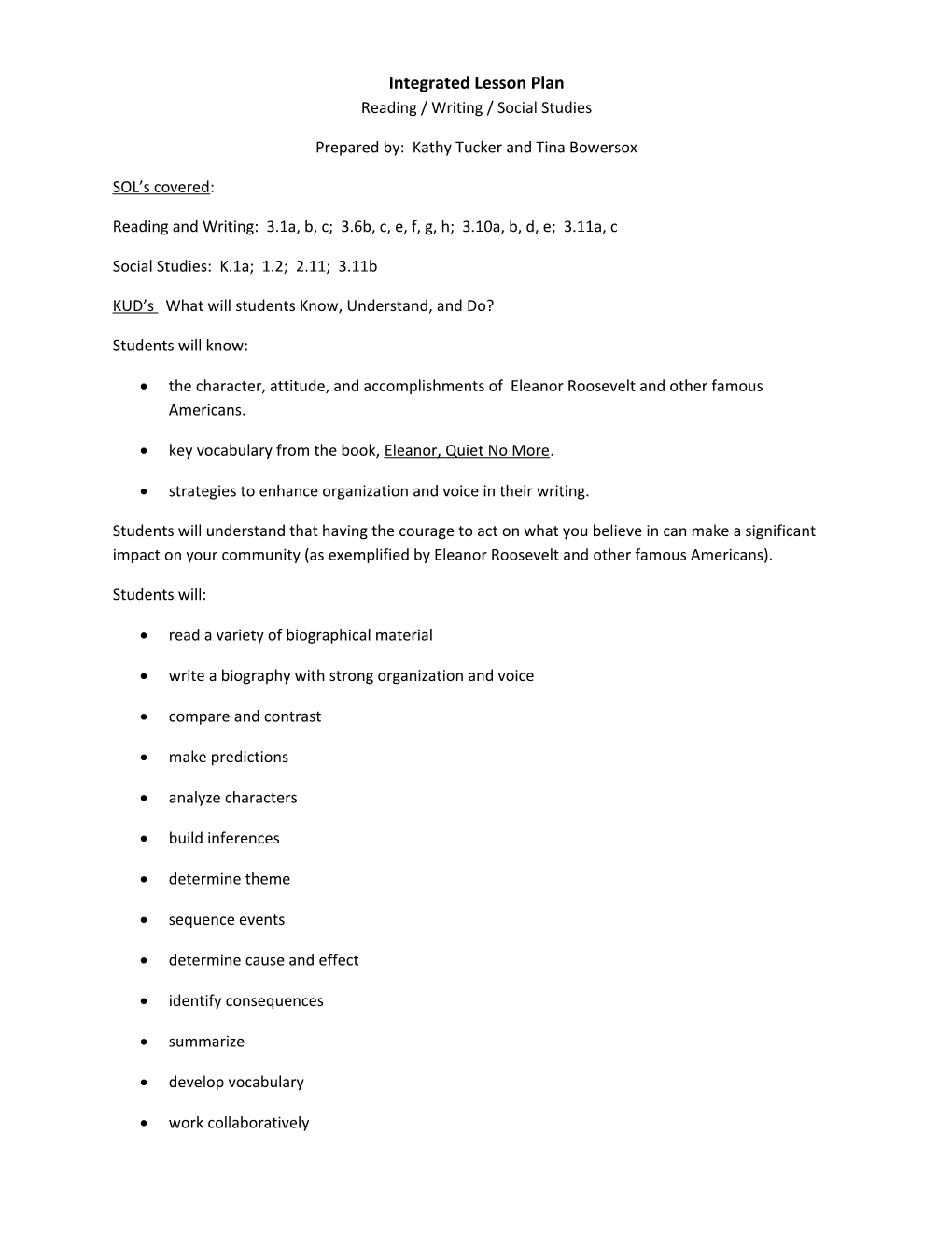Integrated Lesson Plan Reading / Writing / Social Studies
