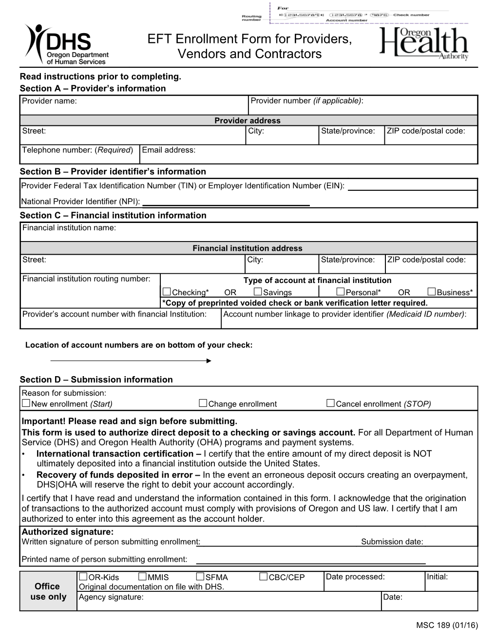 Direct Deposit Authorization Instructions - Employees DHS 189E 5/13