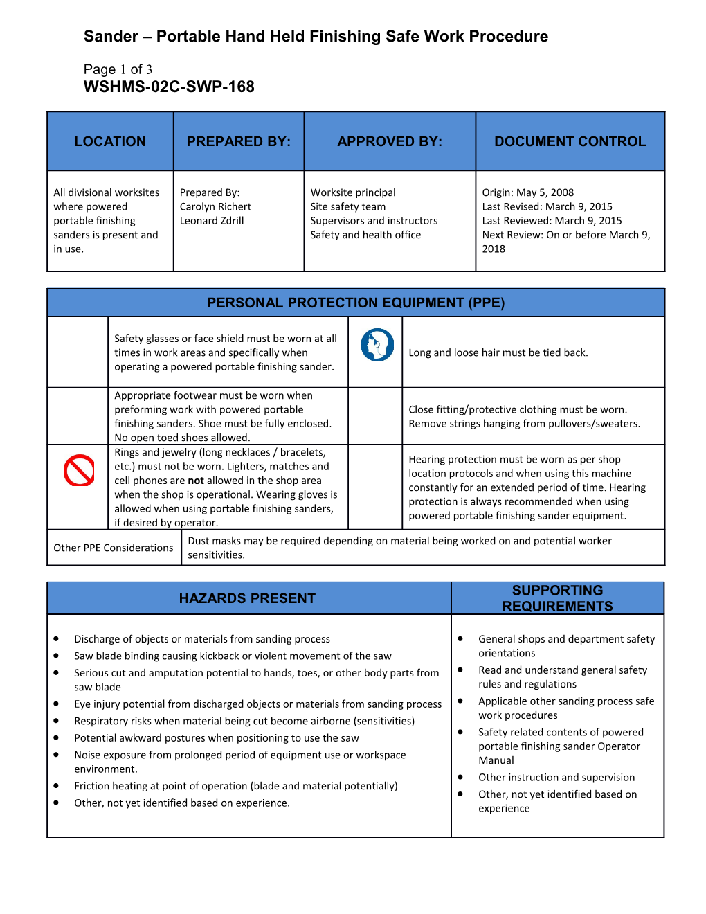 SWP-168 Sander - Portable Hand Held Finishing Safe Work Procedure