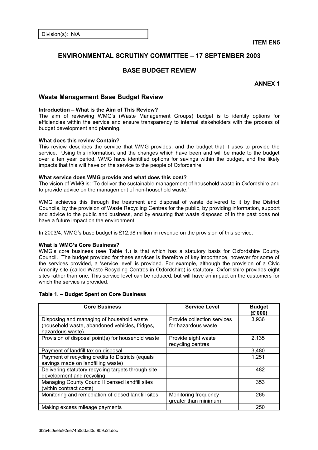 Environmental Scrutiny Committee 17 September 2003