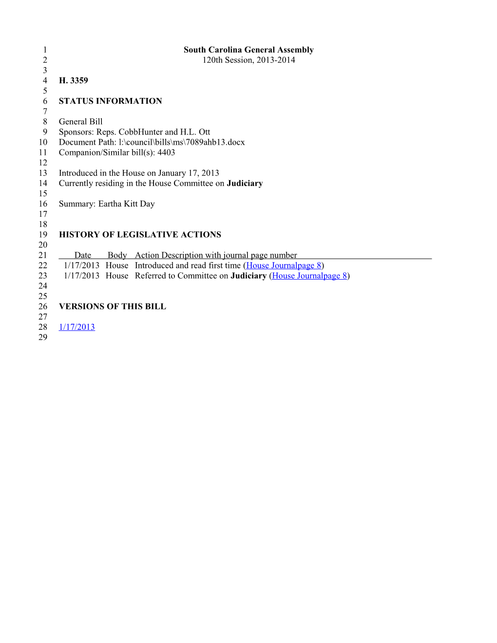 2013-2014 Bill 3359: Eartha Kitt Day - South Carolina Legislature Online