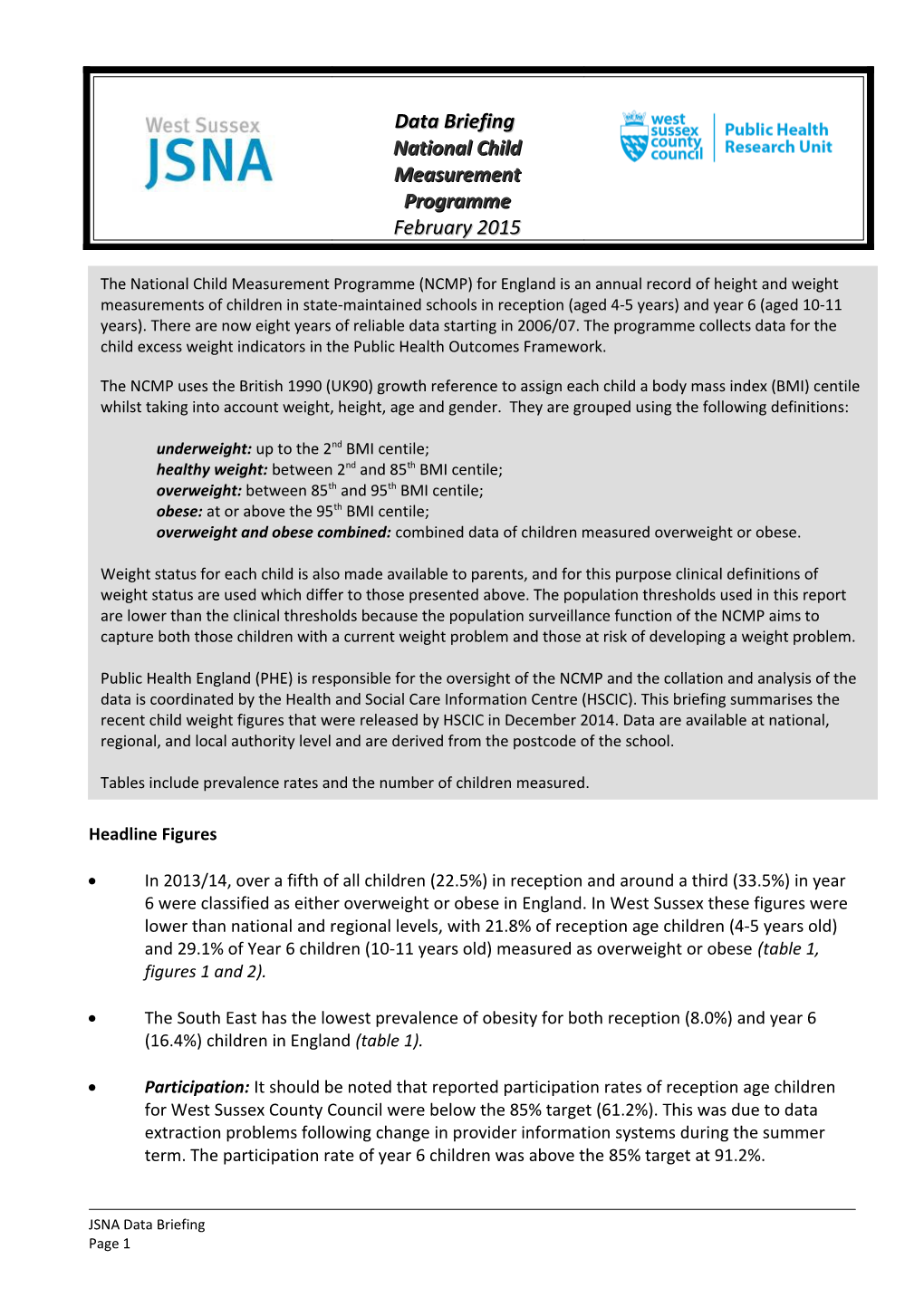 West Sussex Public Health Data Briefing Issue 1: August 2012