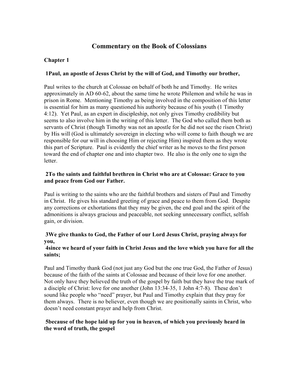 Commentary on the Book of Colossians