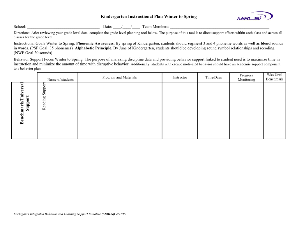 Kindergarten Instructional Plan Fall to Winter