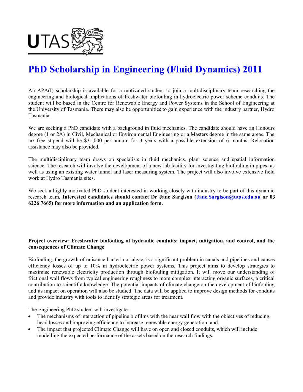 Phd Scholarship in Engineering (Fluid Dynamics) 2011