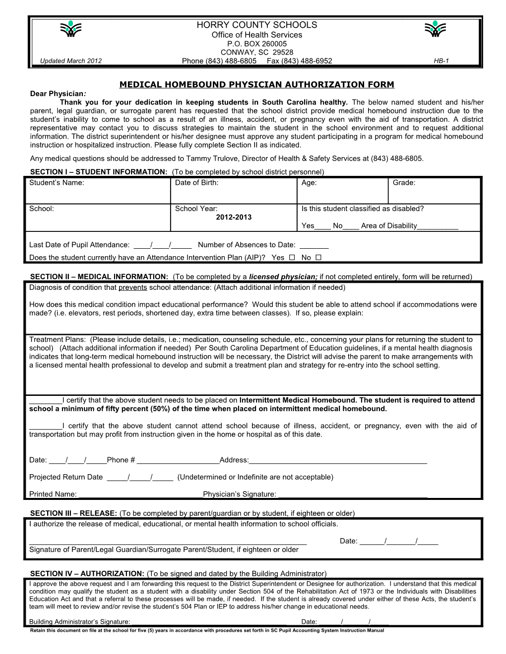 Medical Homebound Physician Authorization Form