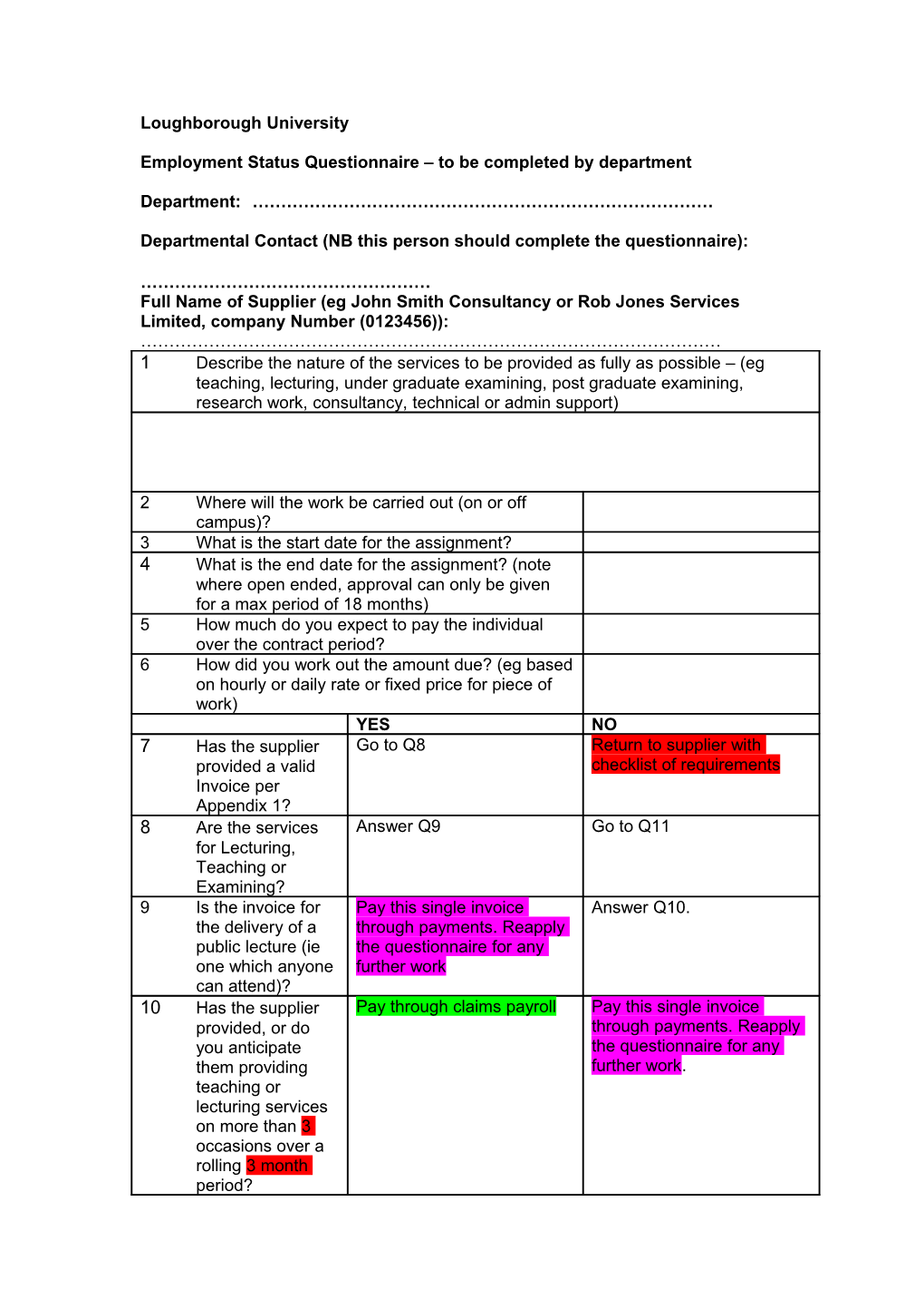 Employment Status Questionnaire to Be Completed by Department