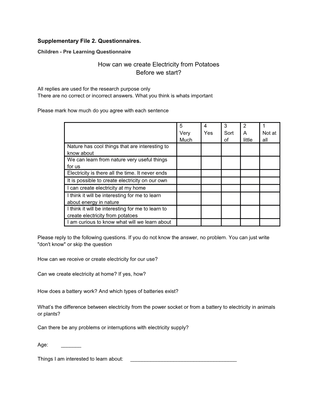 Children - Pre Learning Questionnaire