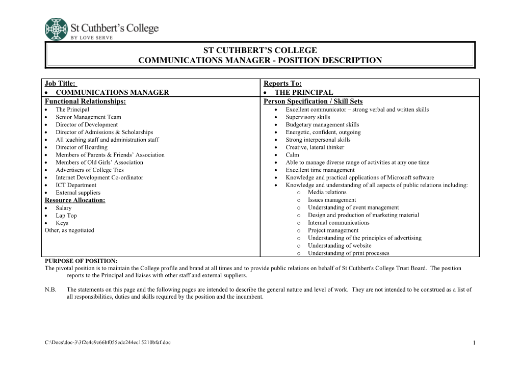 Communications Manager - Position Description