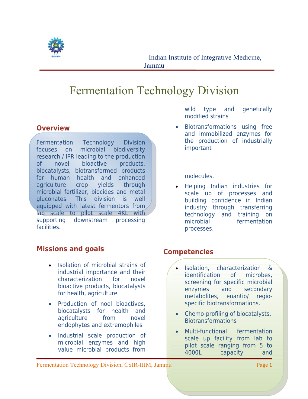 Fermentation Technology Division, CSIR-IIIM, Jammupage 1