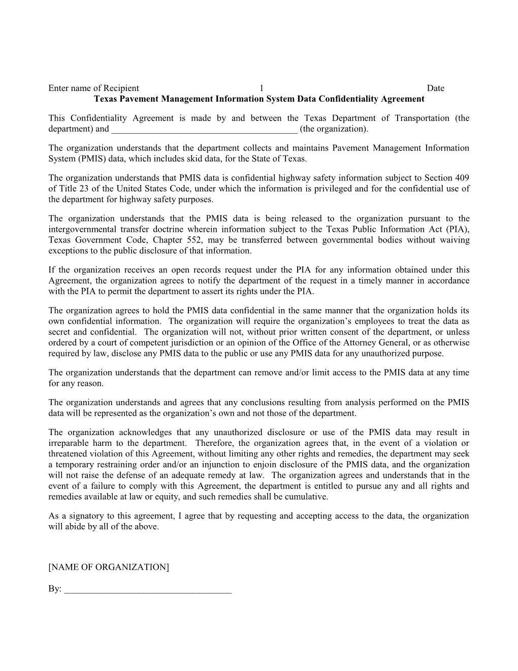 Texas Pavement Management Information System Data Confidentiality Agreement