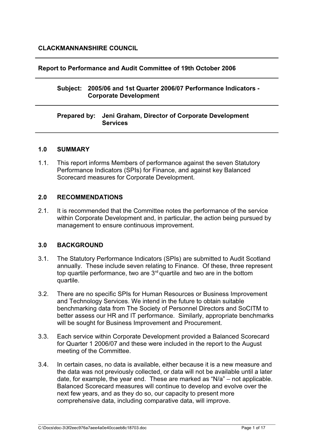 2005/06 and 1St Quarter 2006/07 Performance Indicators - Corporate Development