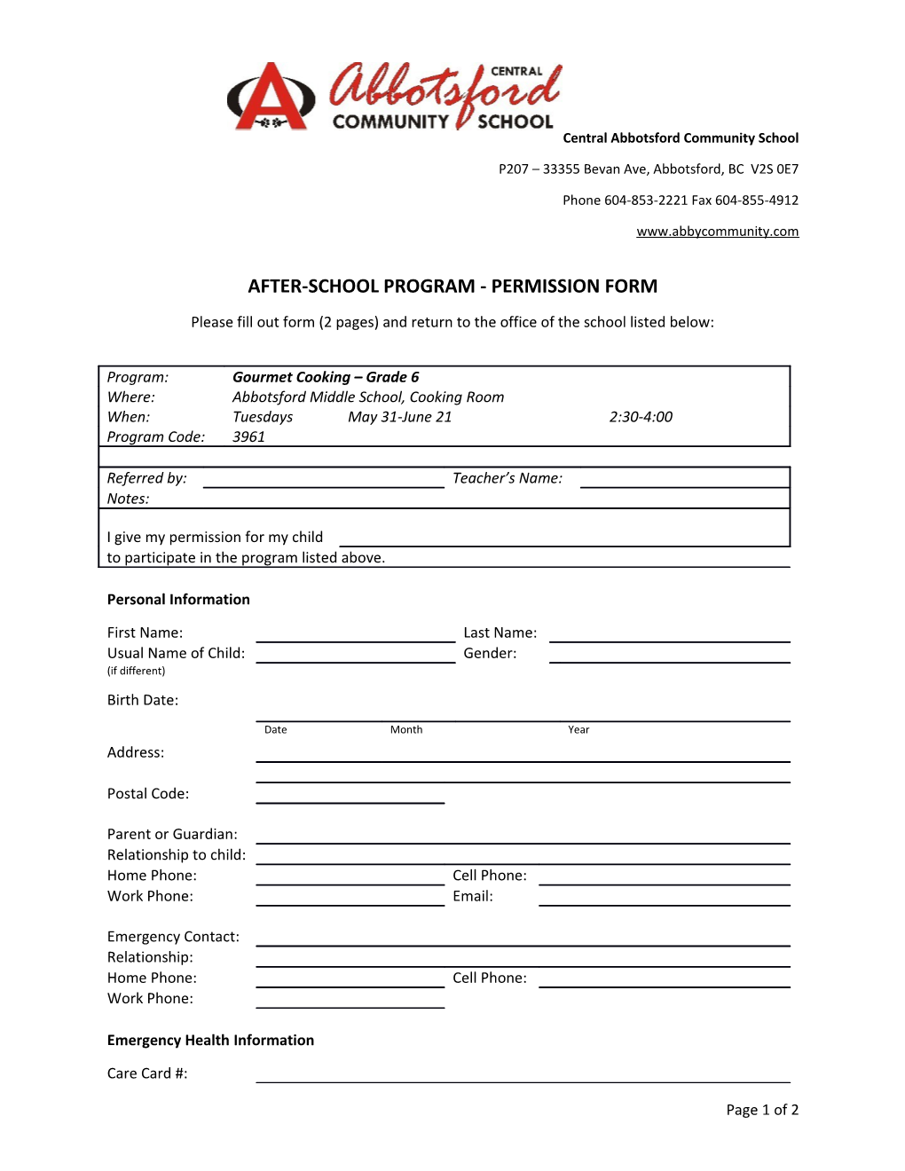 After-School Program - Permission Form
