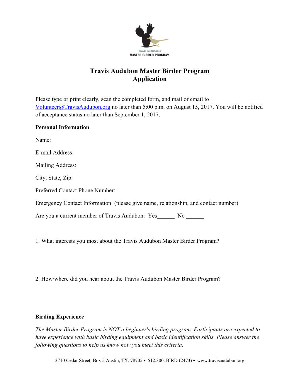 Travis Audubon Master Birder Program