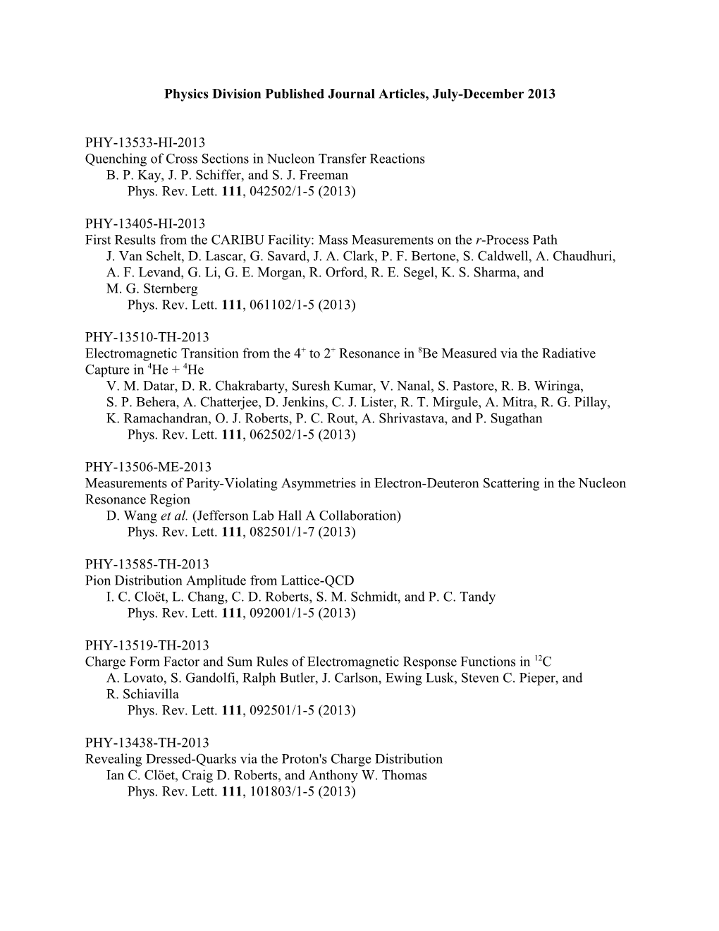 Physics Division Published Journal Articles, July-December 2013