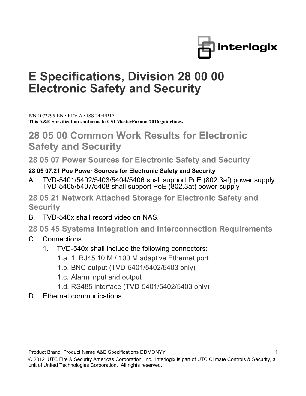 TVD-540X H.265 IP Dome Camera A&E Specifications, Division 28 00 00 Electronic Safety And