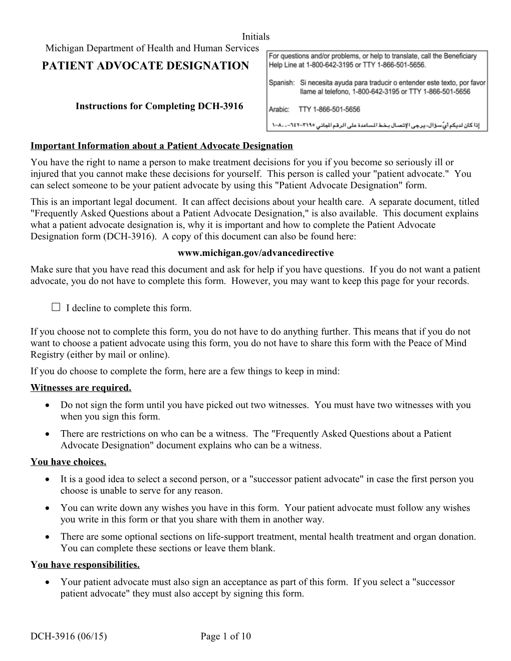 Instructions for Completing DCH-3916