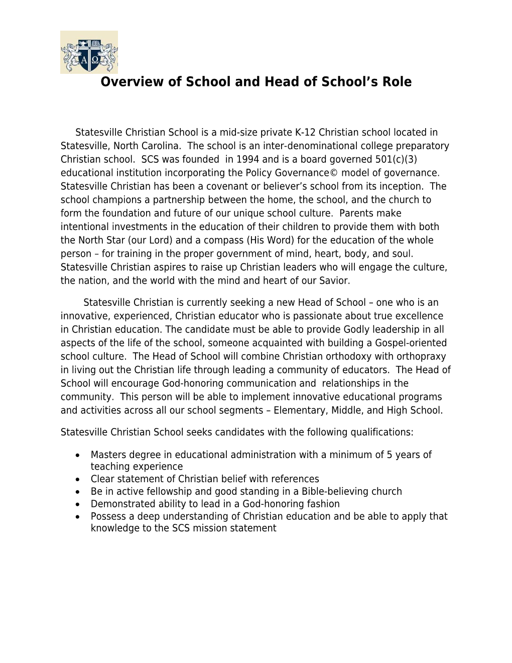Overview of School and Head of School S Role