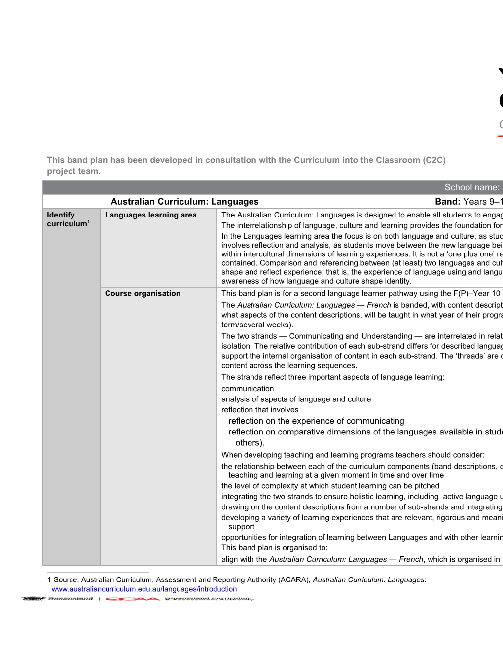 Years 9 10 Band Plan Australian Curriculum: Languages