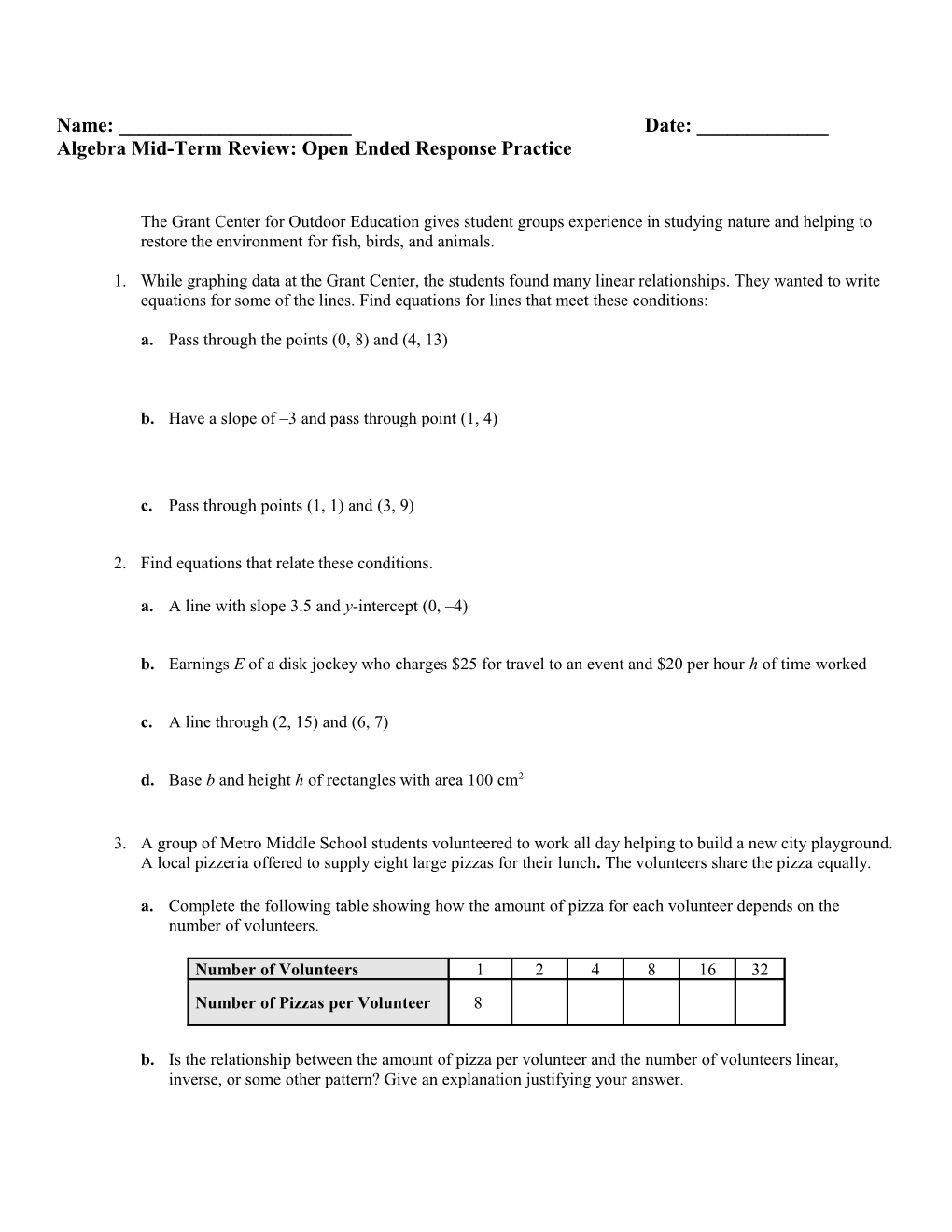 Algebra Mid-Term Review: Open Ended Response Practice