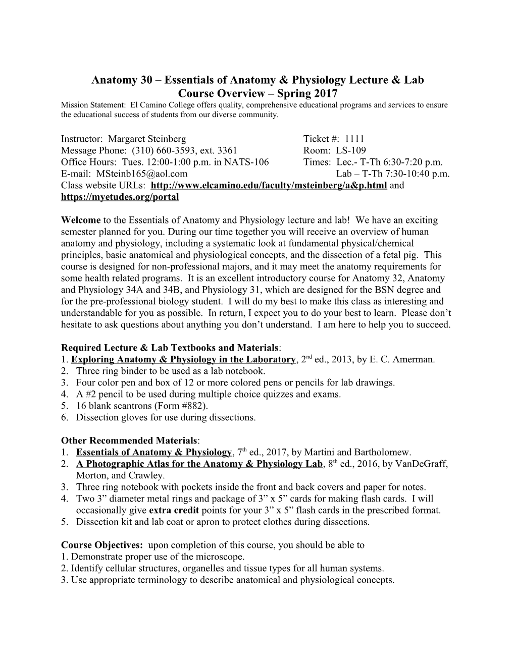 Biology 11 - Human Anatomy Tentative Lecture & Lab Schedule, Spring 2000