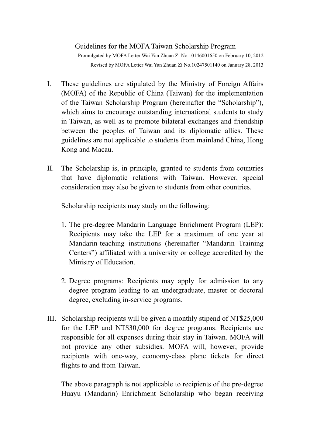 Guideline for MOFA Taiwan Scholarship Program
