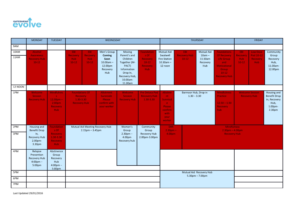 Gateshead Evolve Weekly Timetable