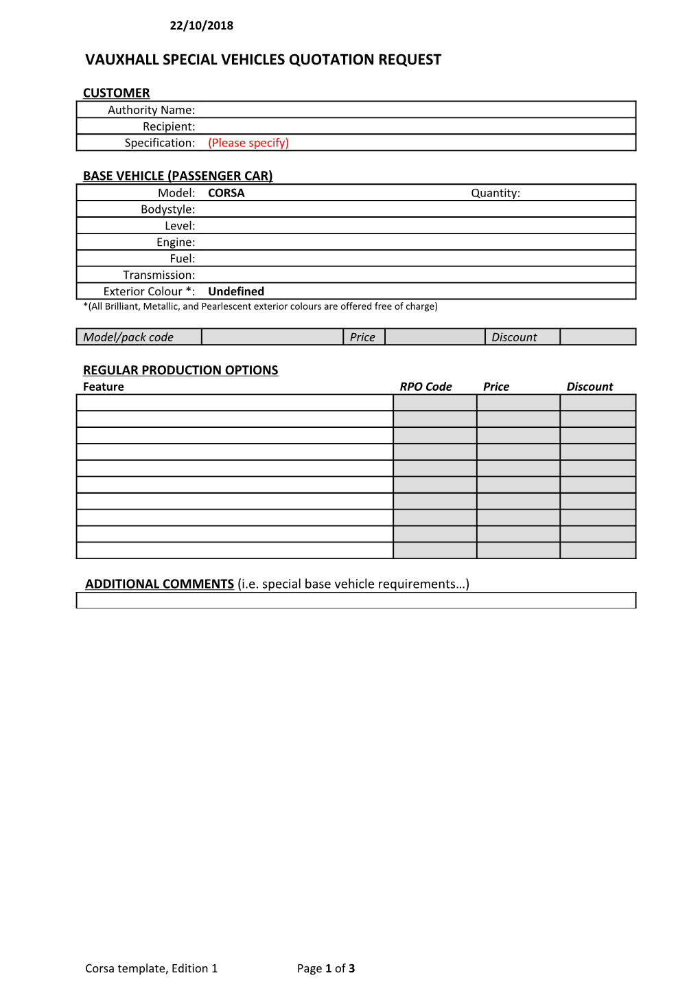 Vauxhall Special Vehicles Quotation Request