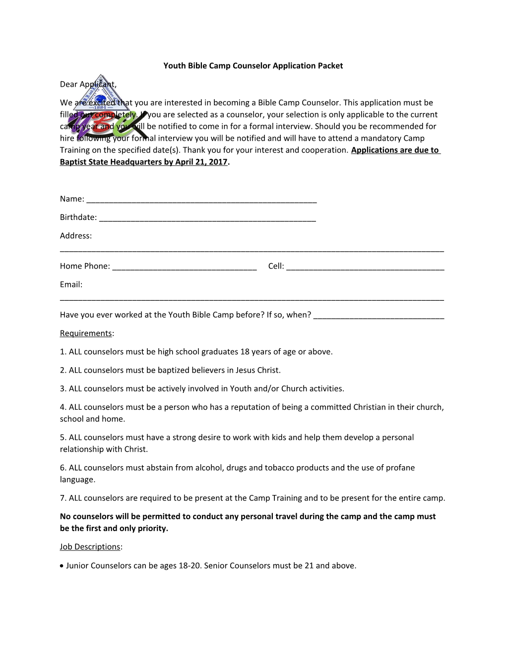 Youth Bible Camp Counselor Application Packet