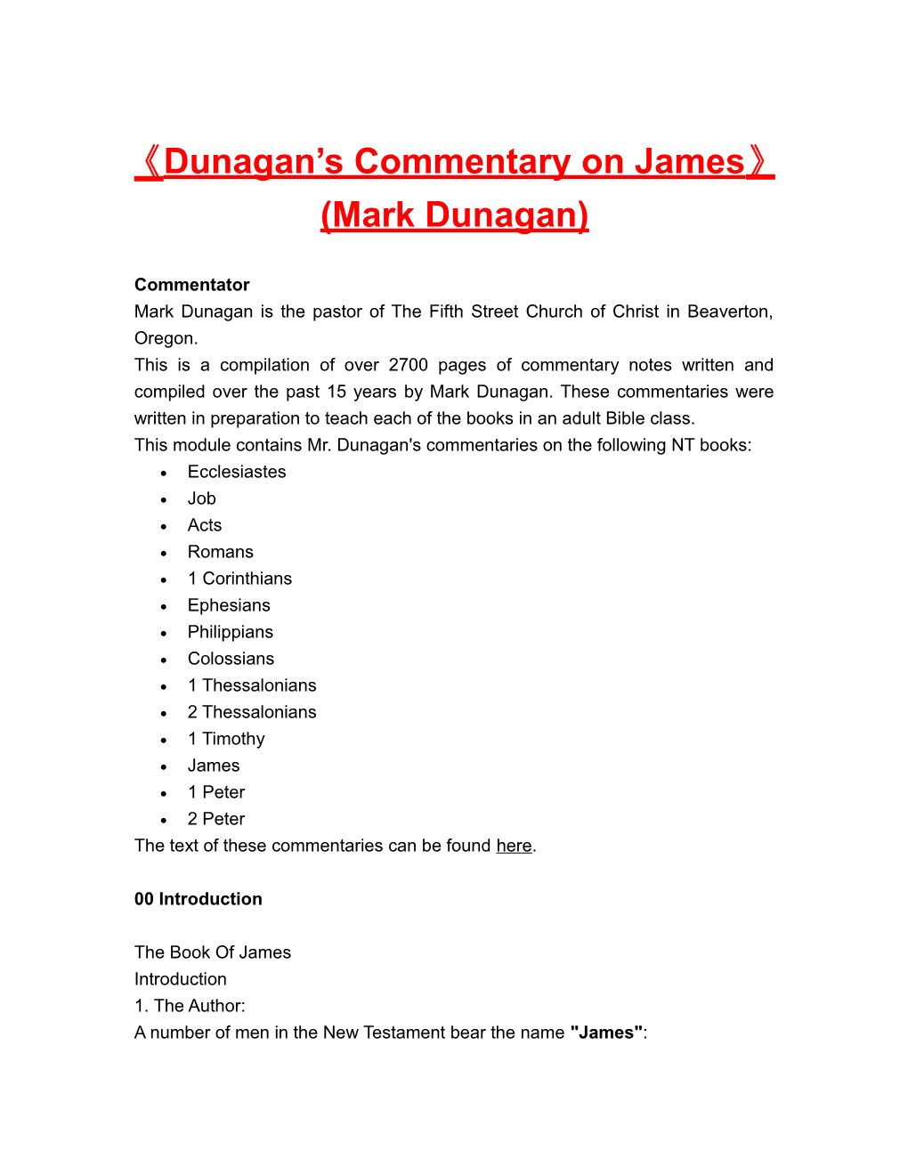 Dunagan S Commentary on James (Mark Dunagan)