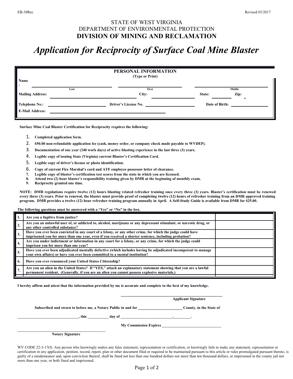 Application for Reciprocity of Surface Coal Mine Blaster