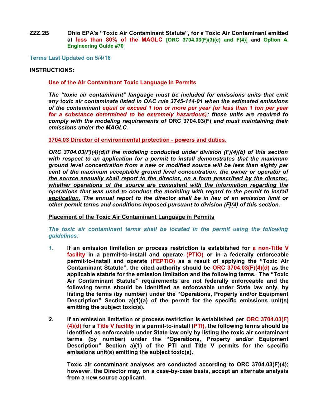 Use of the Air Contaminant Toxic Language in Permits