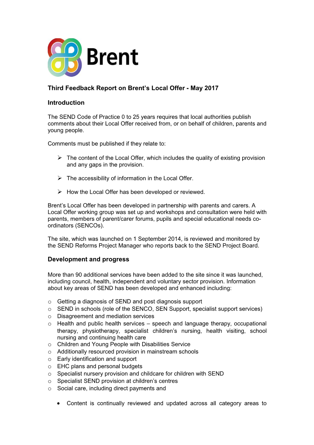 Third Feedback Report on Brent S Local Offer - May 2017