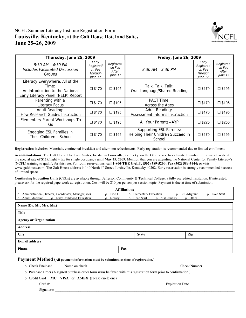 National Center for Family Literacy Training Schedule