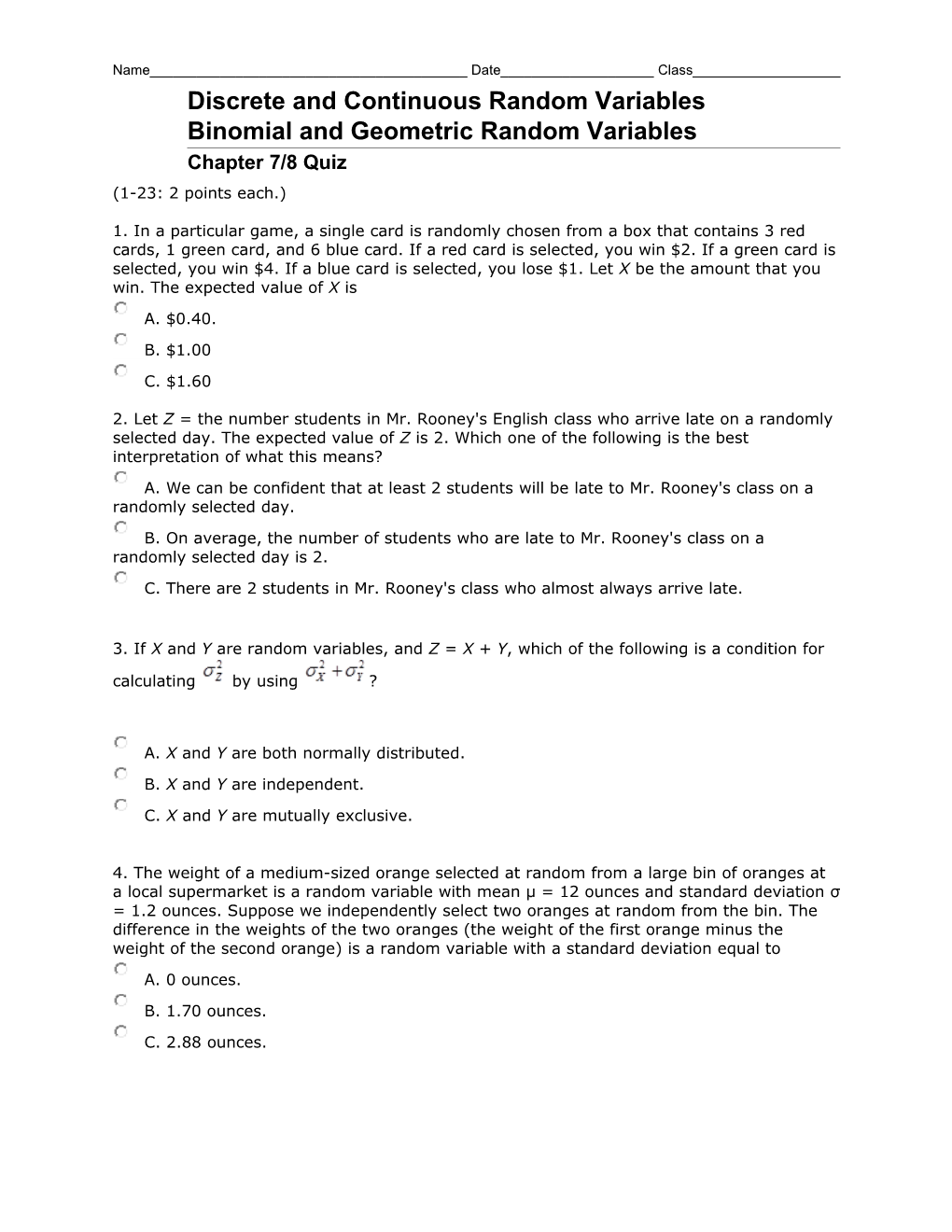 Discrete and Continuous Random Variables